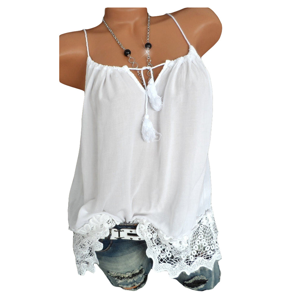 Women Summer Lace Solid Color Sleeveless Spaghetti Strap Tank Top Vest Blouse