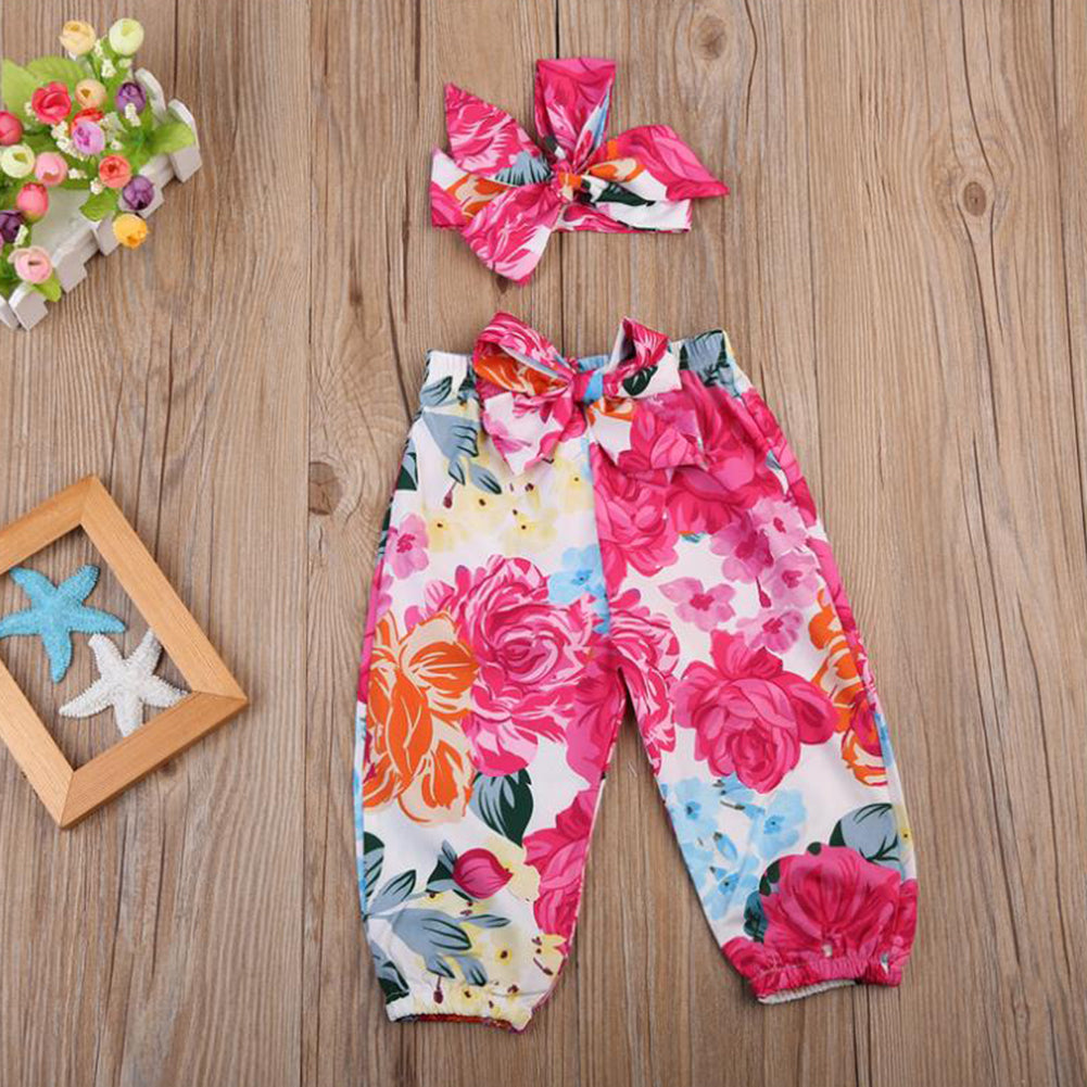 Newborn Baby Girl 3 Pcs Outfit Flower T-shirt Floral Pants Bowknot Hairband Set