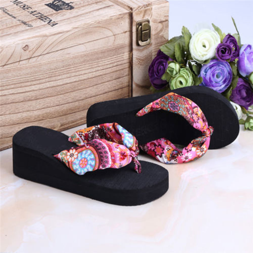 Women Summer Beach Soft Wedge Shoes Bohemia Flip Flops Flat Platform Slippers