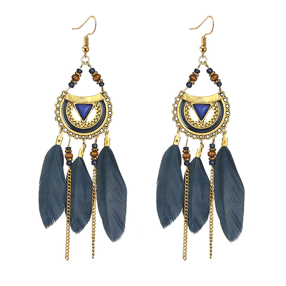 Women Retro Ethnic Hollow Feather Tassel Hook Earring Chain Bead Jewelry Gift