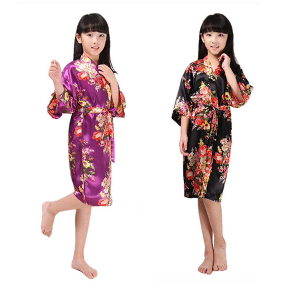Floral Printed Kids Girls Sweet Kimono Dressing Gown Bath Robe Sleepwear Pajamas