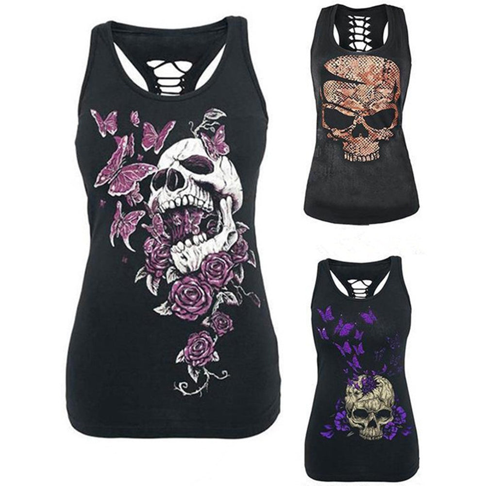 Women Summer Fashion Skull Print Sleeveless Slim Fit Hollow Out Tank Top Vest