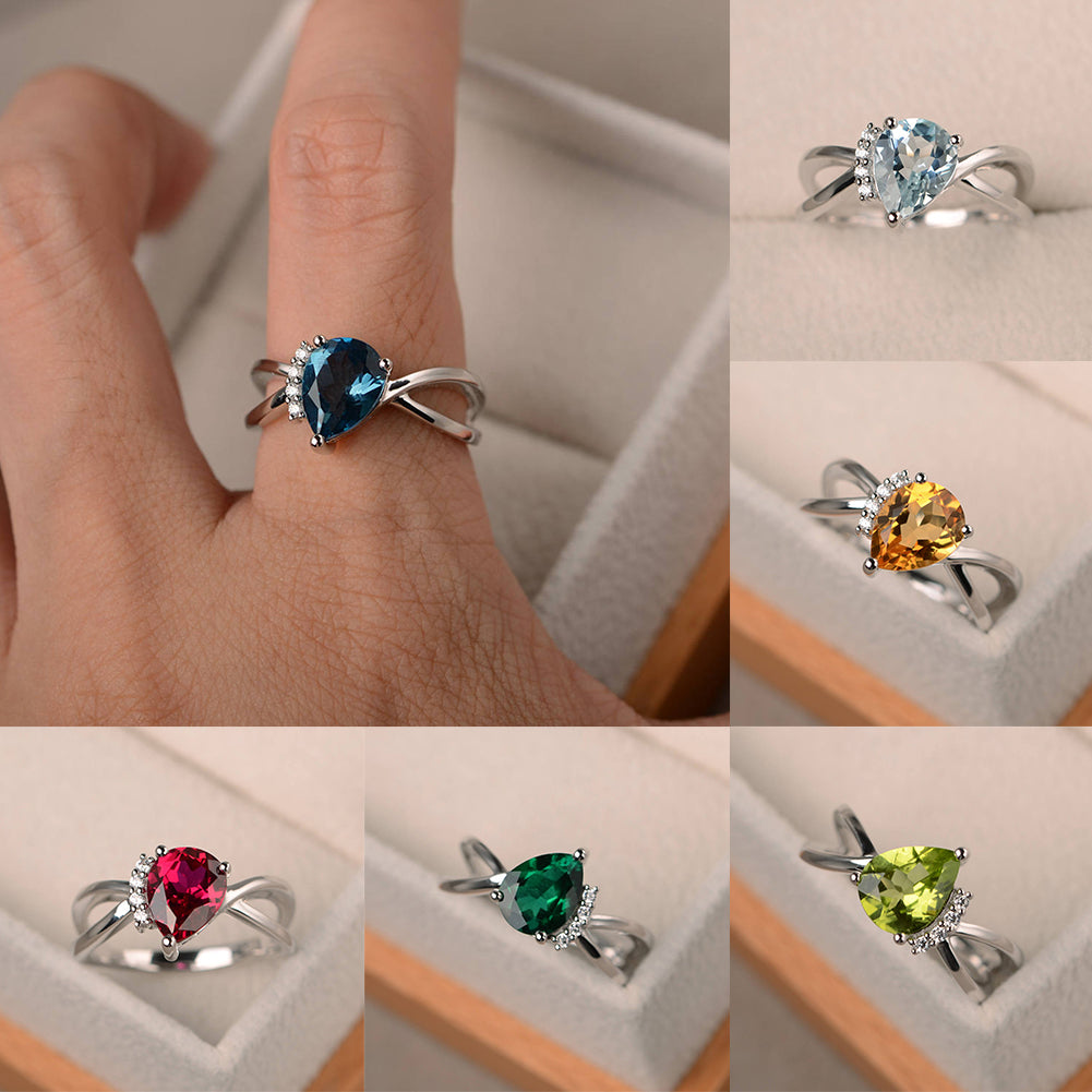 Fashion Women Drop Pear Faux Gem Rhinestone Inlaid Slim Band Party Ring Jewelry