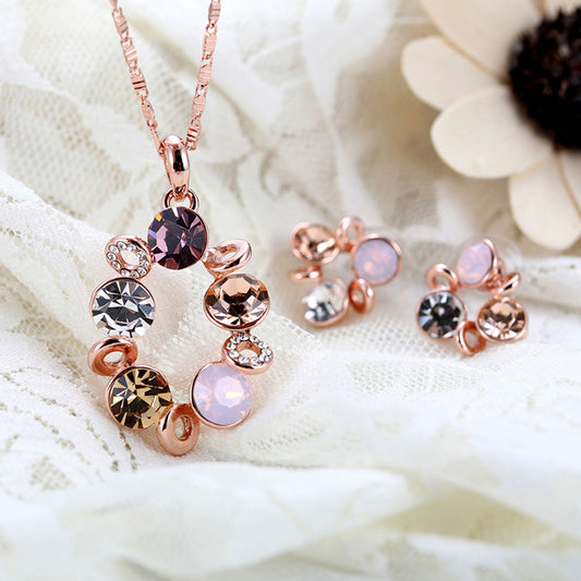 Fashion Multicolor Rhinestone Beads Circle Women Necklace Earrings Jewelry Set