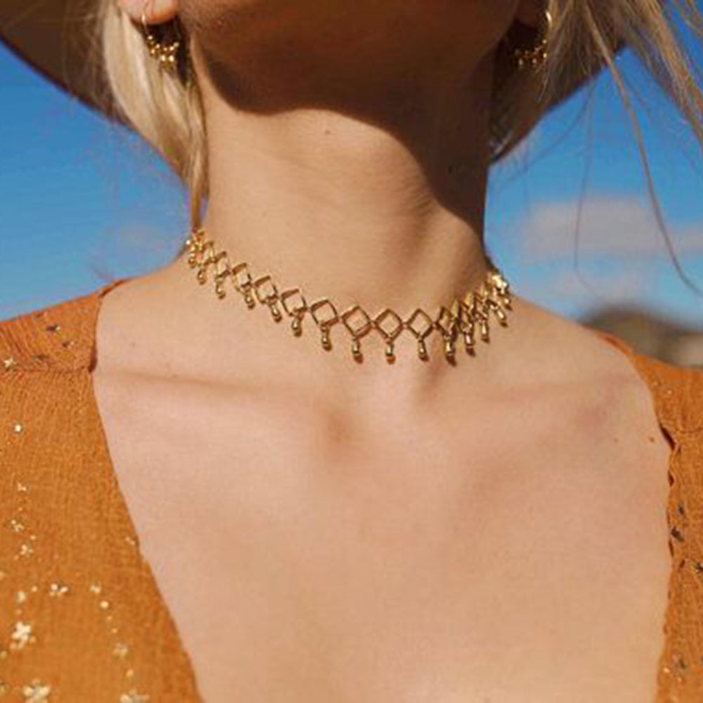 Bohemia Rhombus Metal Ball Pendant Choker Necklace Evening Party Women Jewelry