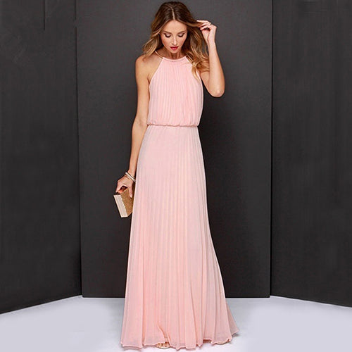 Women Fashion Sexy Solid Sleeveless Halter Pleated Casual Long Dress Sundress