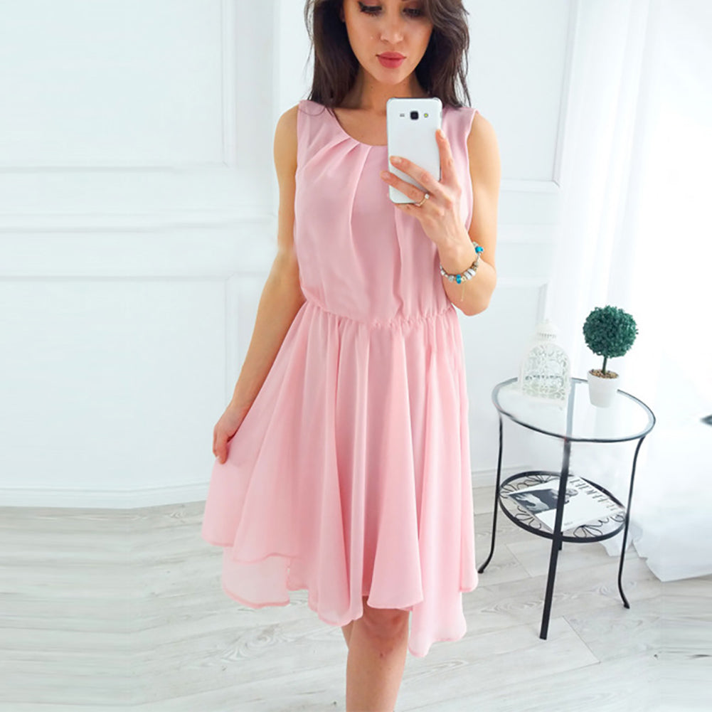 Summer Fashion Women Sleeveless Solid Color Irregular Hem Chiffon Casual Dress
