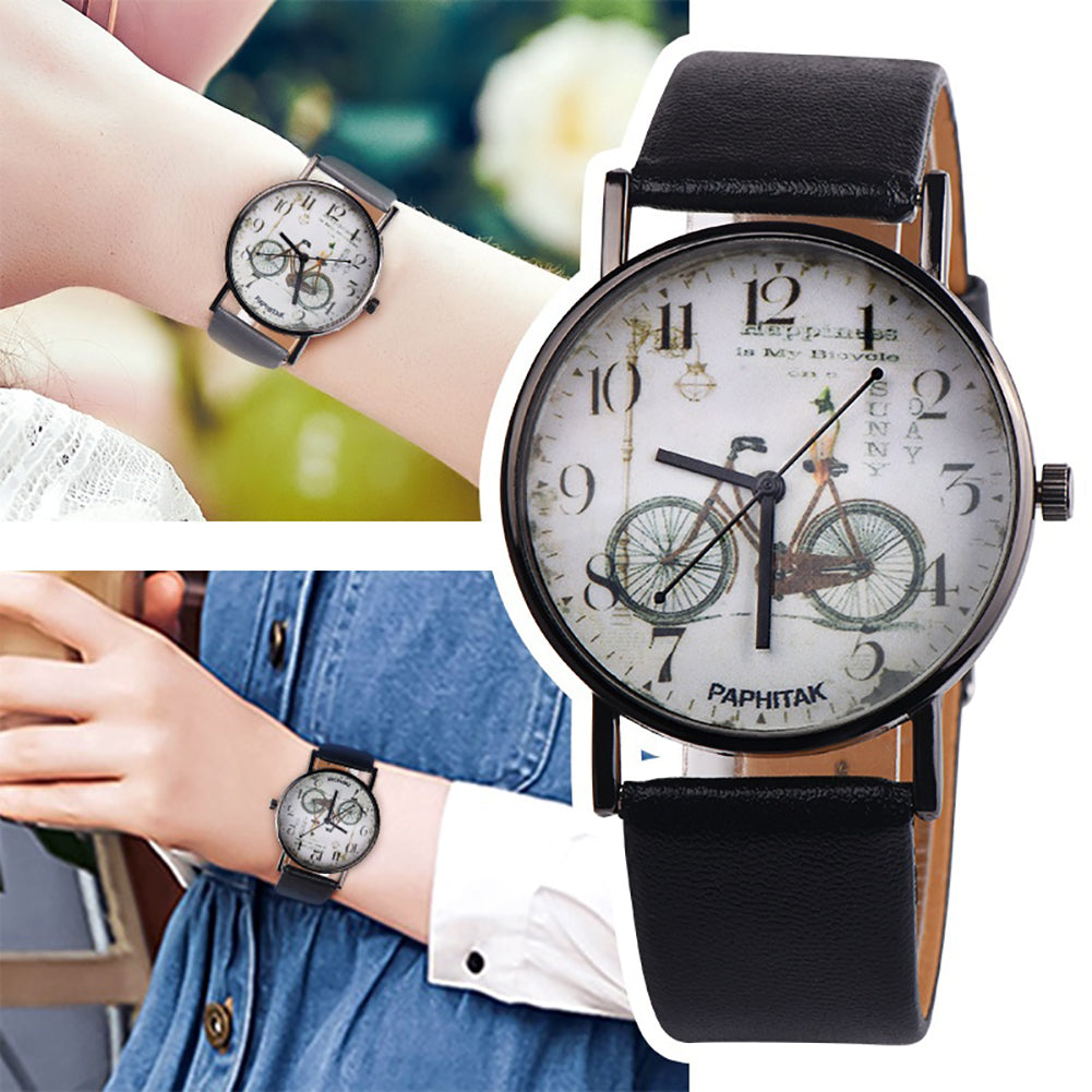 Vintage Bike Print Round Dial Analog Faux Leather Band Quartz Women Wrist Watch