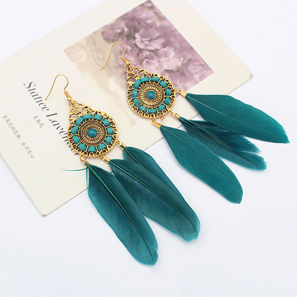 Vintage Women Long Feather Round Hollow Circle Hook Earrings Party Jewelry Gift