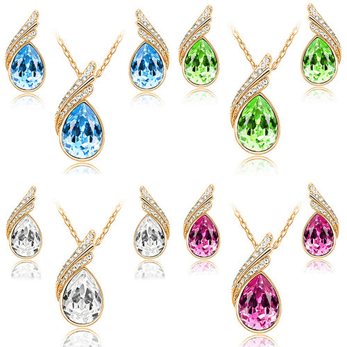 Women's Party Banquet Waterdrop Jewelry Set Crystal Pendant Necklace Earrings Golden Tone