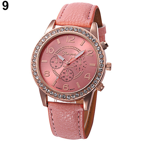 Fashion Women Geneva Rhinestone Big Dial Faux Leather Analog Wrist Watch Gifts