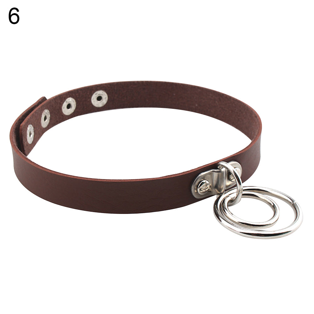 Lady Fashion Punk Choker Double Rings Pendant Faux Leather Short Collar Necklace
