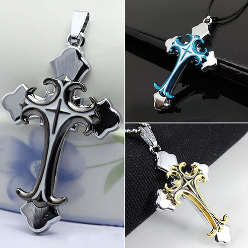 Men's Women's Unisex Stainless Steel Cross Pendant Cord Chain Necklace