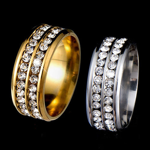 Womens Mens Fashion Double Rows Rhinestones Titanium Steel Wedding Jewelry Ring