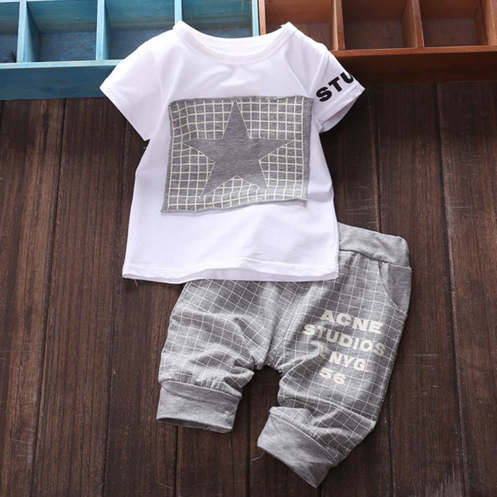 Baby Boy Clothes Set Summer Short Sleeve Star Plaid Print T-Shirt Pants Outfit
