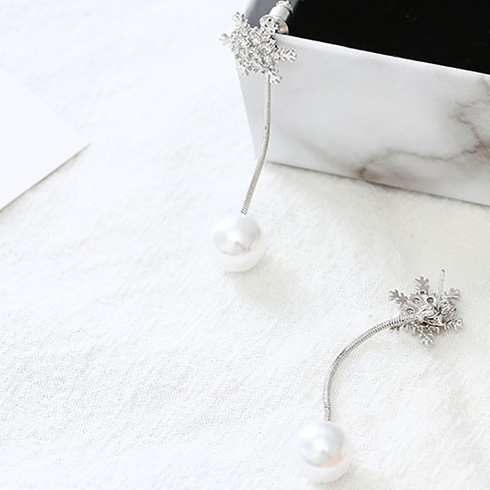 Asymmetric Snowflake Earrings Women Fashion Long Tassel Faux Pearl Eardrop Gift