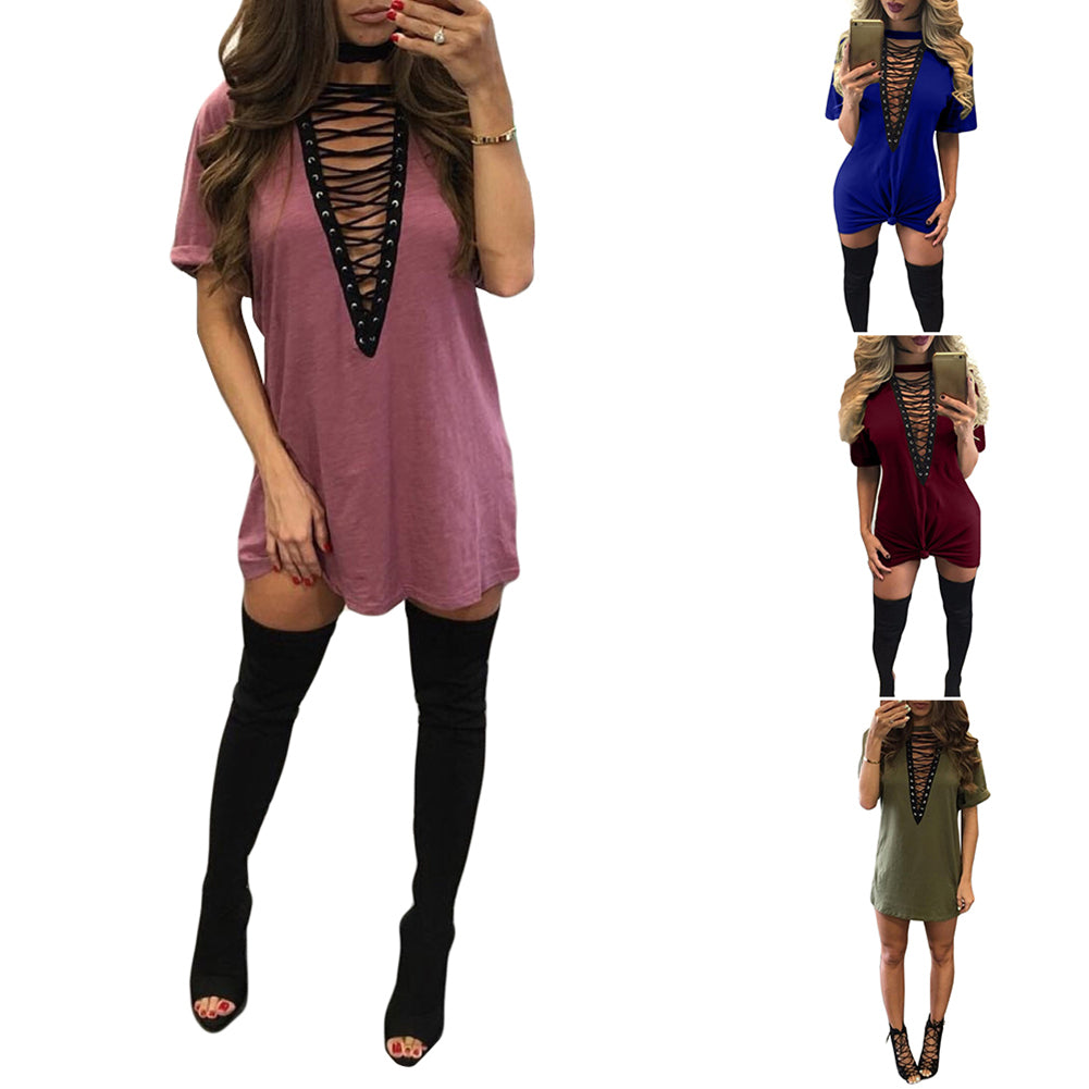 Lady Sexy Cross Lace Up V Neck Casual Short Sleeve Choker T-Shirt Top Dress