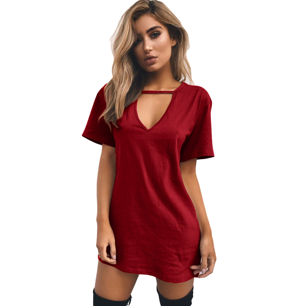 Casual Women Short Sleeve Long T-shirt Tee Dress Solid Color Hollow V-Neck Top