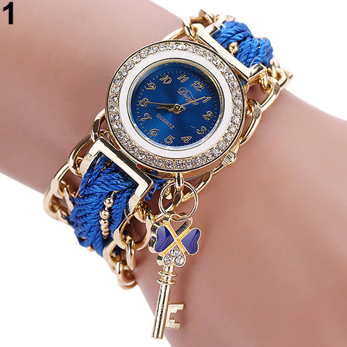 Women's Fashion Rhinestone Clover Key Pendant Braided String Chain Wrist Watch