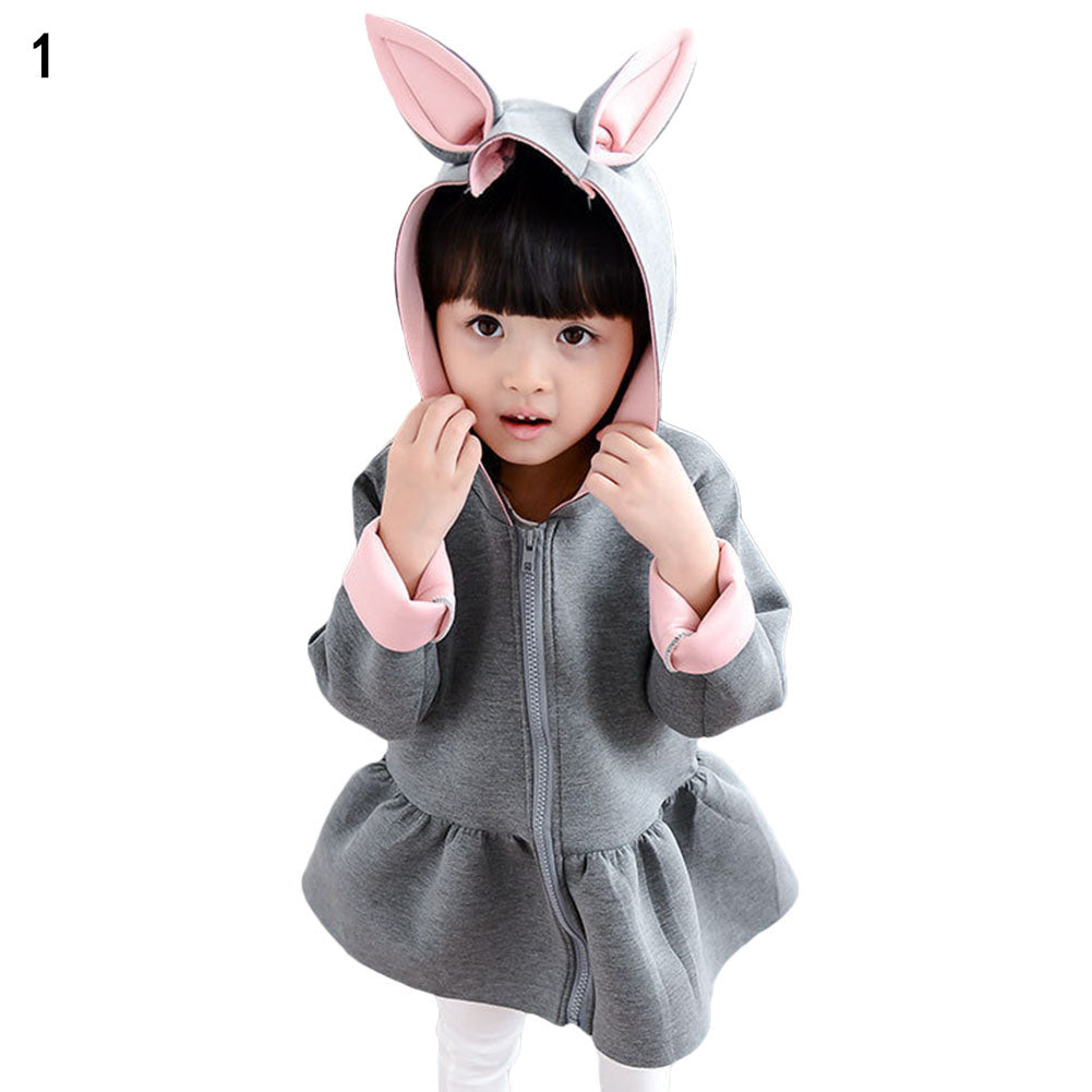 Kid Girls Cute Rabbit Ear Hoodies Coat Casual Long Sleeve Top Zipper Outwear