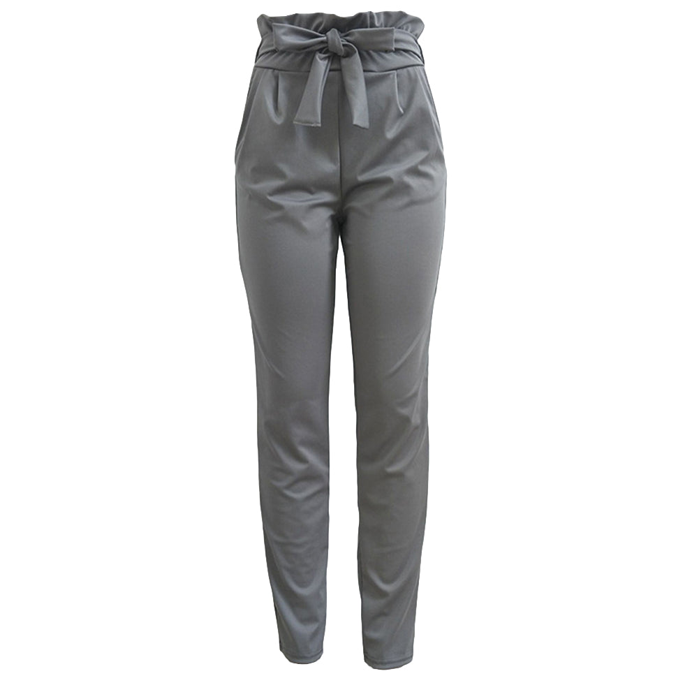 Women Casual Solid Color Trousers Waist Belt Ruffled Waist Long Pencil Pants