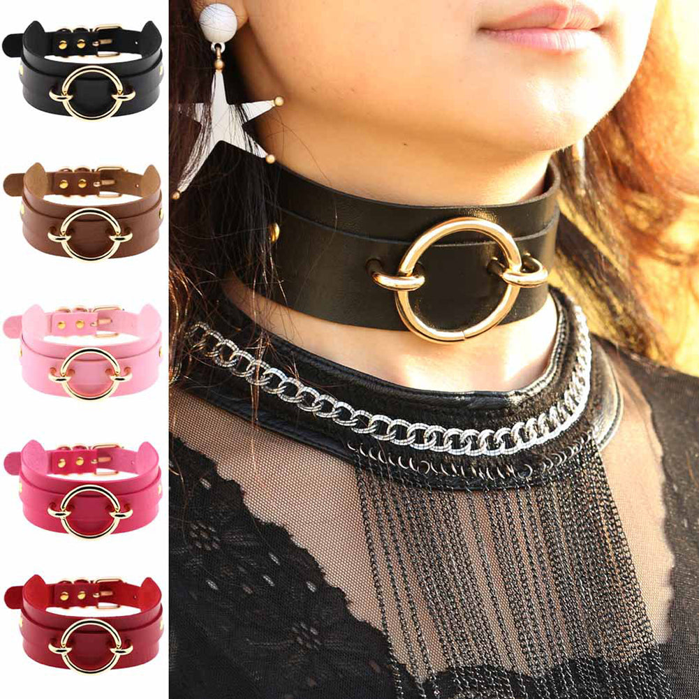 Fashion Gothic Wide Faux Leather O Ring Collar Choker Necklace Women Jewelry