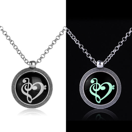 Fashion Luminous Musical Note Heart Women Round Pendant Necklace Party Jewelry