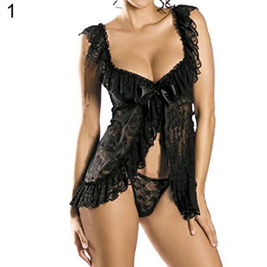 Women's Sexy Lace Ruffle Temptation Dress + Thong G-String Babydoll Sleepwear