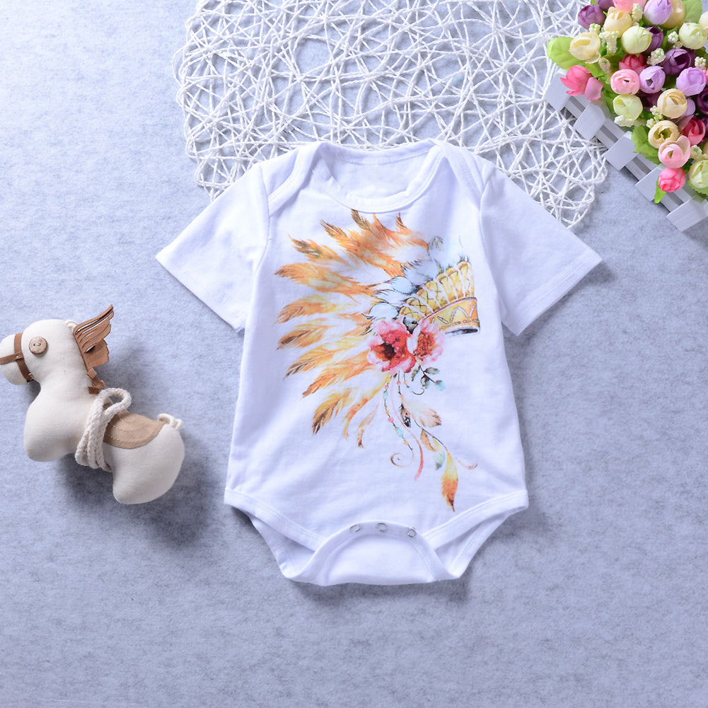 Newborn Baby Girls Boys Flower Short Sleeve Top Romper Pants Headband Outfits