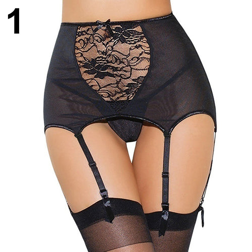 Women Sexy Babydoll High Waisted Lace Hollow Garter Belt + G-string Thong Set