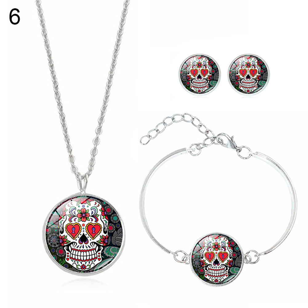 Fashion Women Skull Rose Earrings Necklace Bracelet Halloween Accessories Set