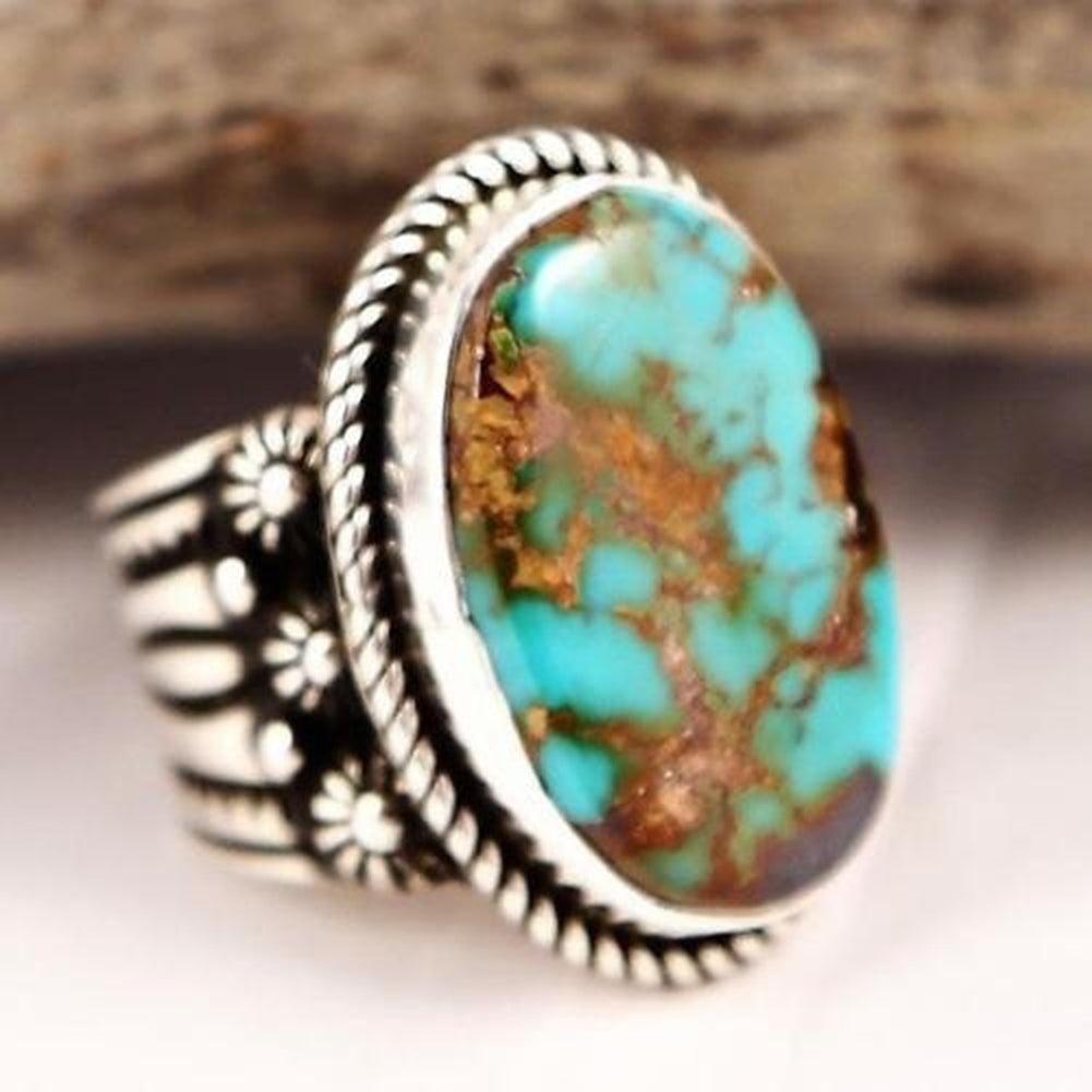 Retro Women Turquoise Artificial Gemstone Floral Ring Party Jewelry Finger Decor