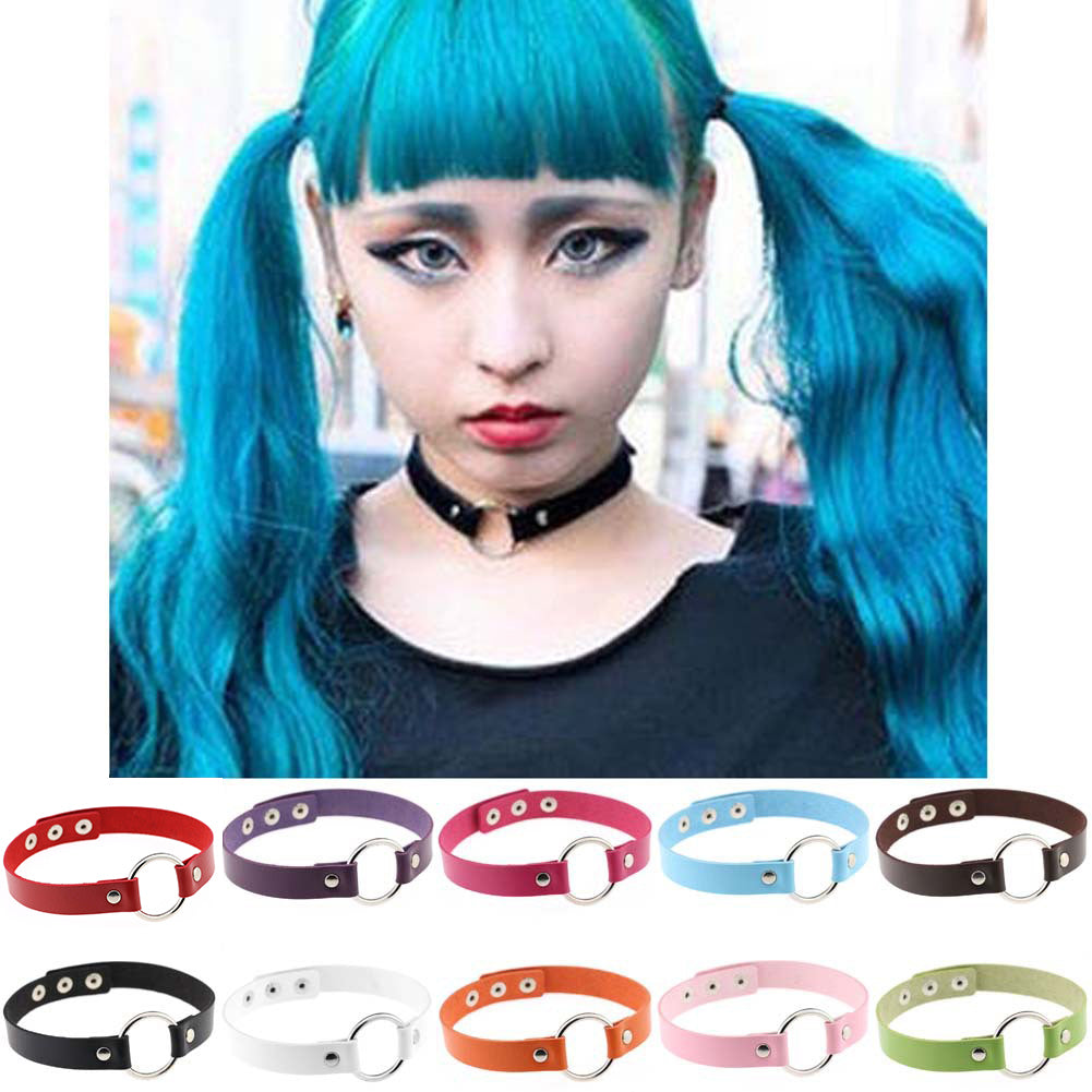 Women Fashion Punk Choker O-Ring Faux Leather Rivets Collar Short Necklace