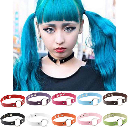 Women Fashion Punk Choker O-Ring Faux Leather Rivets Collar Short Necklace