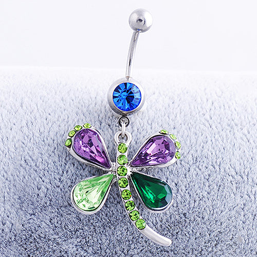 Colorful Dragonfly Button Barbell Navel Belly Ring Dangle Body Piercing Jewelry