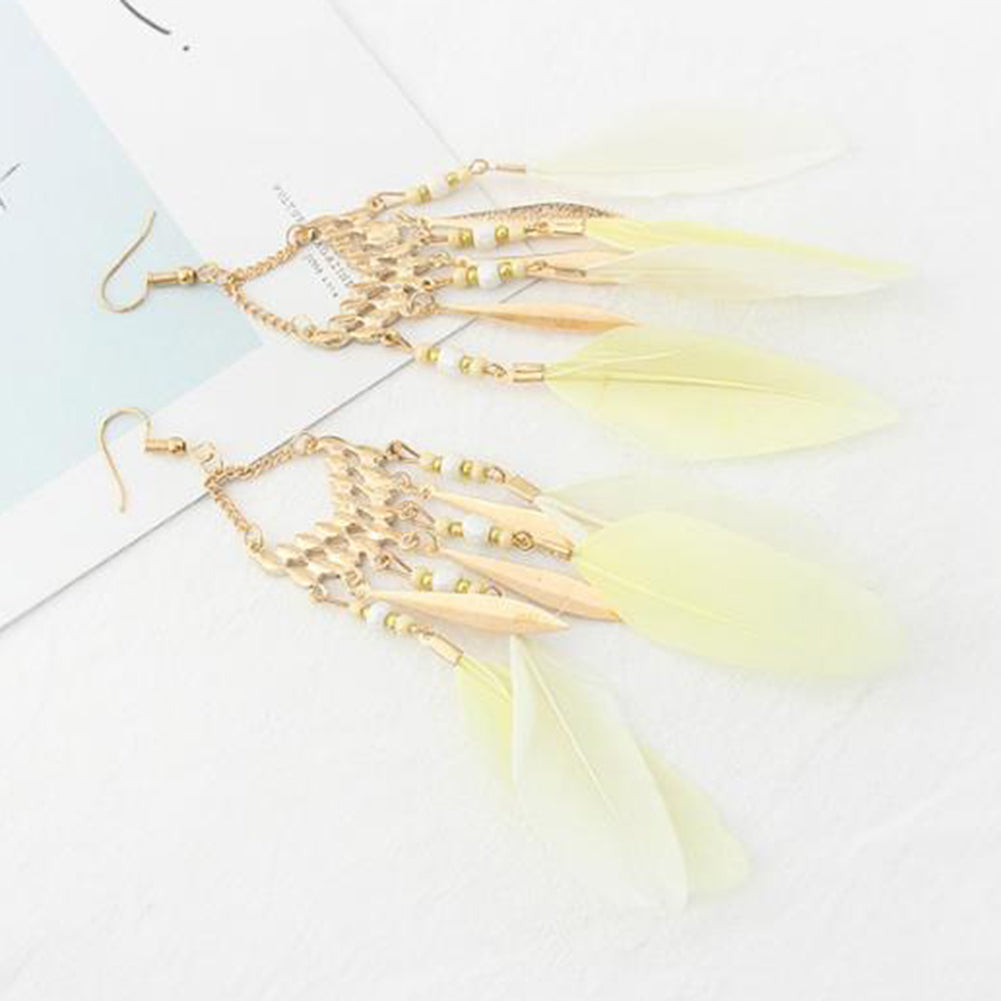 Women Feather Dangle Bohemian Ethnic Tassels Beads Drop Hook Earrings Jewelry