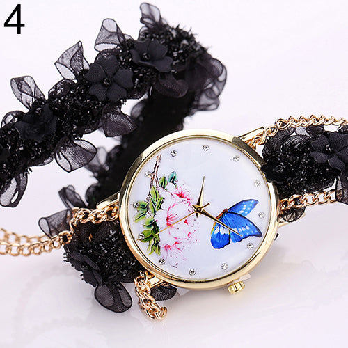 Lady Analog Golden Tone Case Flowers Butterfly Rhinestone Lace Alloy Chain Watch
