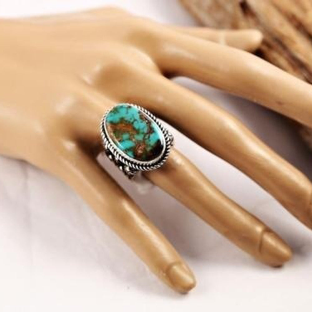 Retro Women Turquoise Artificial Gemstone Floral Ring Party Jewelry Finger Decor