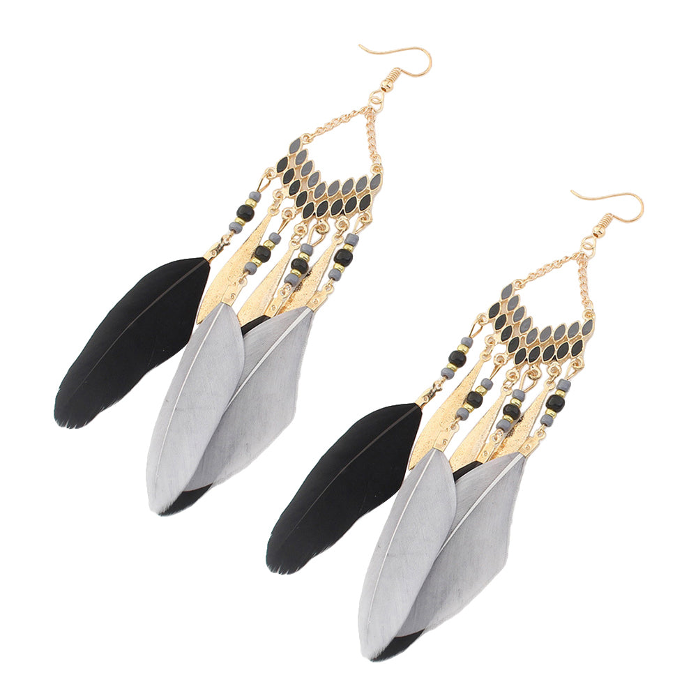 Women Feather Dangle Bohemian Ethnic Tassels Beads Drop Hook Earrings Jewelry