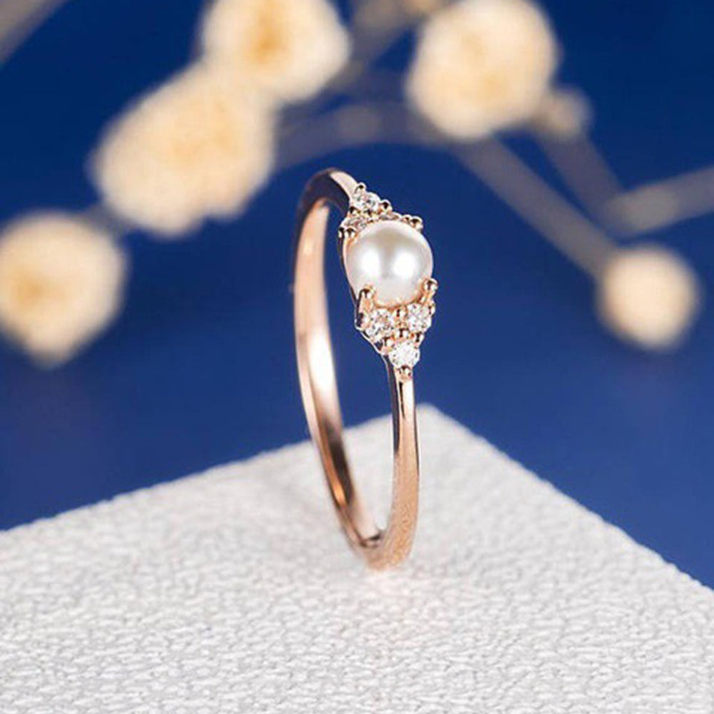 Faux Pearl Rhinestone Inlaid Fashion Women Slim Ring Engagement Proposal Band