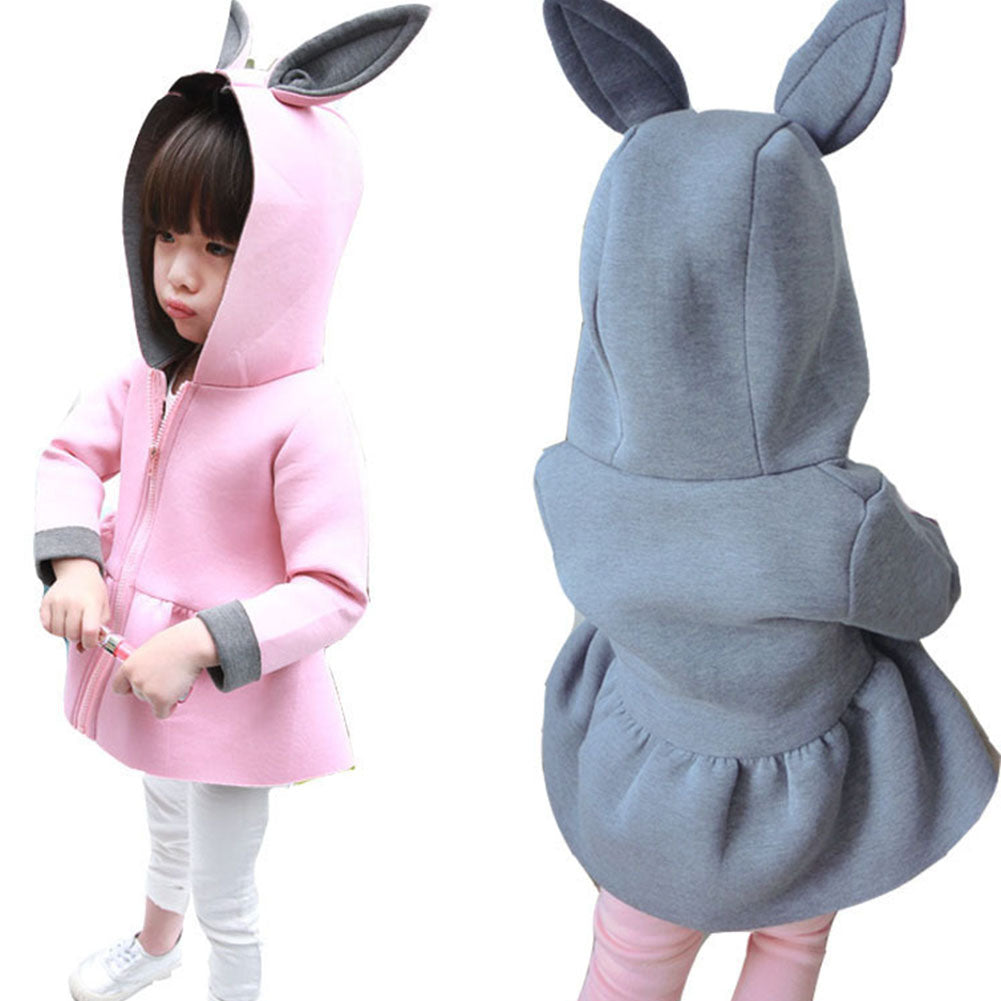 Kid Girls Cute Rabbit Ear Hoodies Coat Casual Long Sleeve Top Zipper Outwear