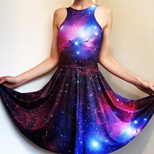 Women's Sexy Galaxy Starry Milky Way Print Sleeveless Skater Dress Sundress