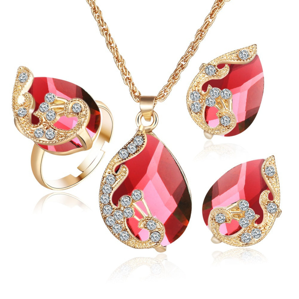 Women Jewelry Set Shiny Water-Drop Shape Rhinestone Necklace Earrings Ring Gift