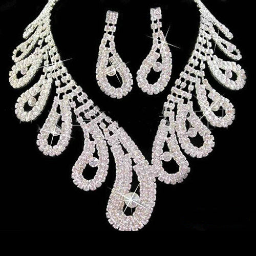 Women Luxury Elegant Rhinestone Teardrop Necklace + Earrings Bridal Jewelry Set