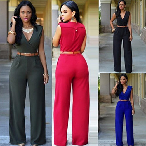 Women's Fashion Casual Deep V-Neck Sleeveless Wide Leg Jumpsuit Romper with Belt