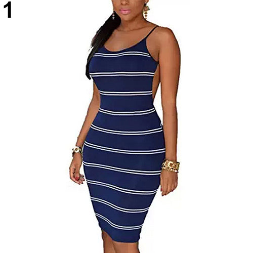 Women's Fashion Backless Stripe Pattern Sleeveless Sexy Dress Pencil Skirt