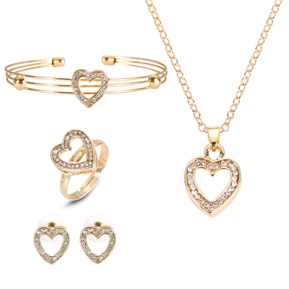 Women Hollow Heart Necklace Earrings Opening Bangle Ring Love Gift Jewelry Set