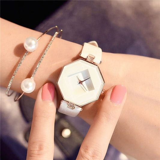 Women 's Fashion Faux Leather Band Analog Quartz Rhombic Case Wrist Watch Gift
