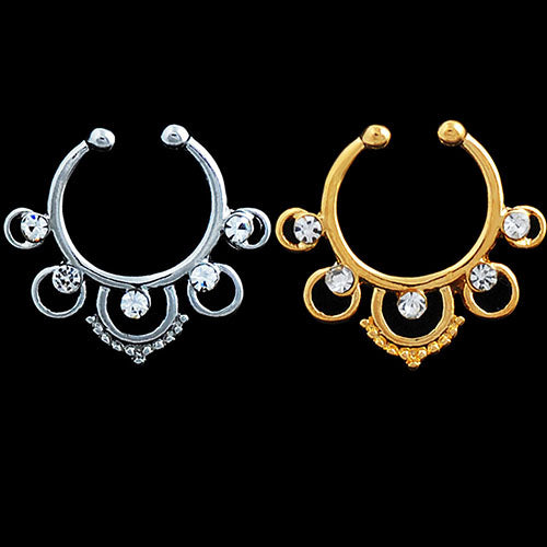 Crown Hollow Nose Ring Rhinestone Non Piercing Hanger Clip On Hoop Body Jewelry