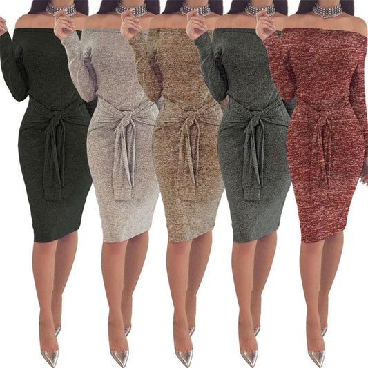 Women Off-Shoulder Long Sleeve Autumn Winter Sexy Bodycon Evening Party Dress